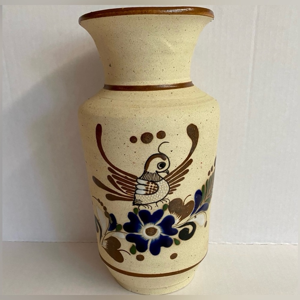 11”Tall Vintage Tonala Folk Art cream vase with blue and brown bird and florals